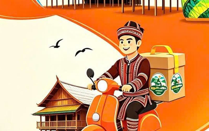 Tài xế Ship Măng Đen chở hộp đồ ăn trên đường Măng Đen